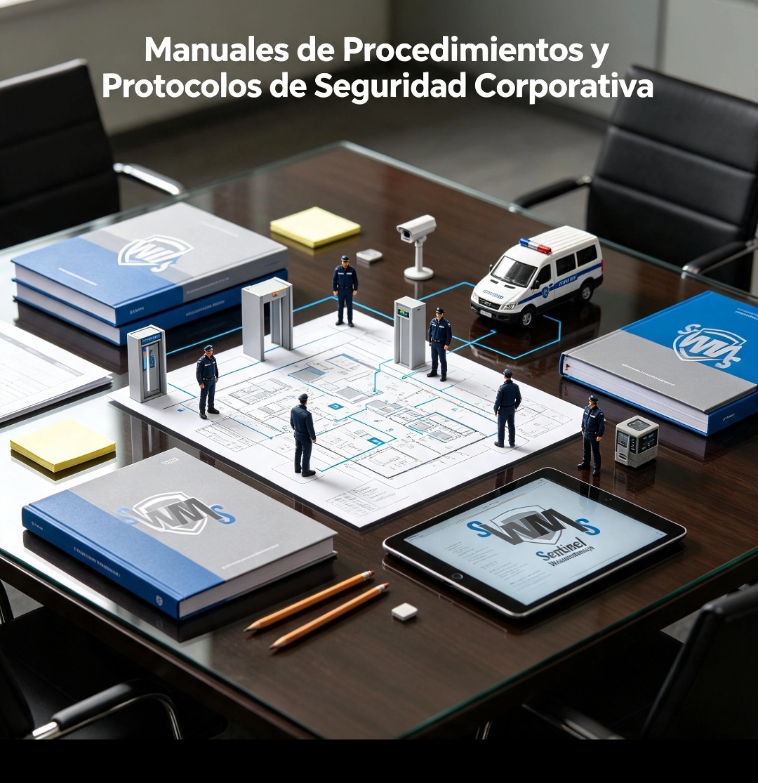 Ilustración de manuales y protocolos de seguridad corporativa sobre una mesa de planificación