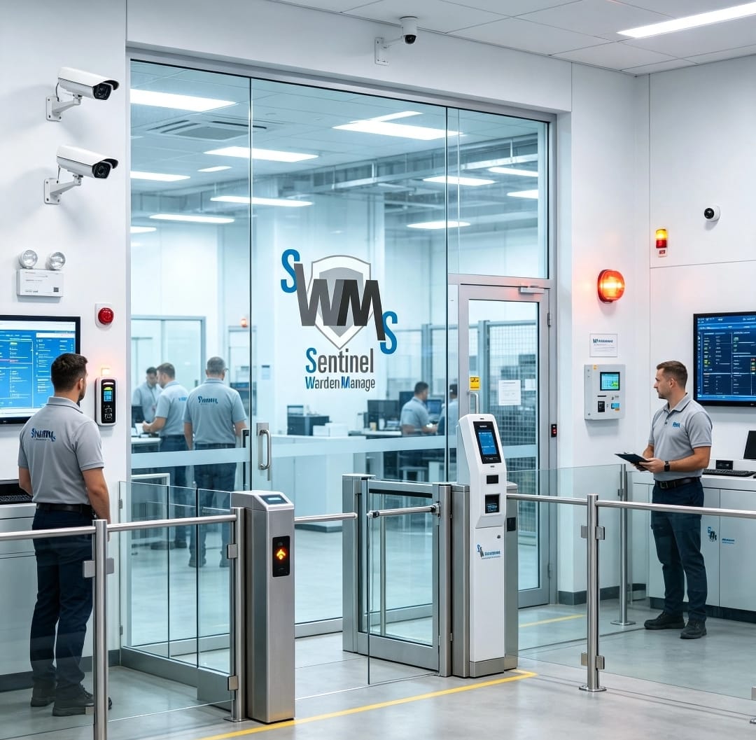 Ilustración de una instalación con cámaras, controles de acceso y alarmas